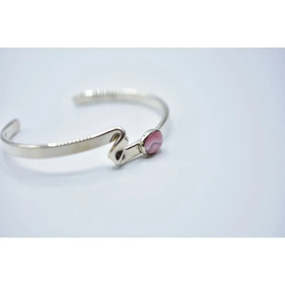Vintage USA 925 Sterling Silver Signed Cuff Bracelet Pink Stone 16.75 Chic Bin7